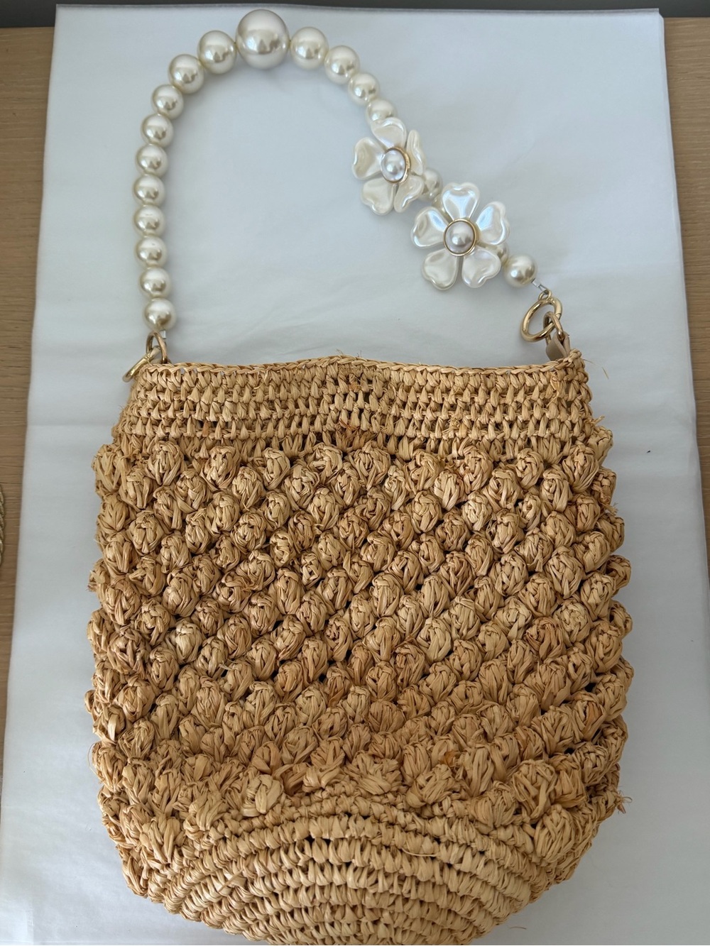 ASOS Natural Tan Woven Raffia Shoulder Bag with Pearl-Accent Handle